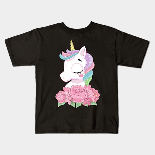 cute magical unicorn with flowers tshirt Kids T-Shirt by Tshirt lover 1